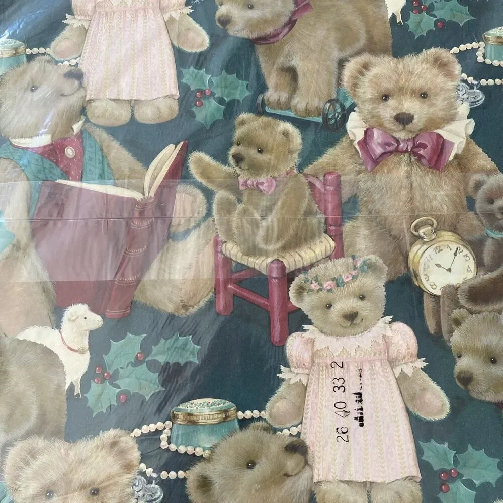 Vintage Christmas Gift Wrapping Paper Teddy Bear Toys Holly Lamb New Old Stock
